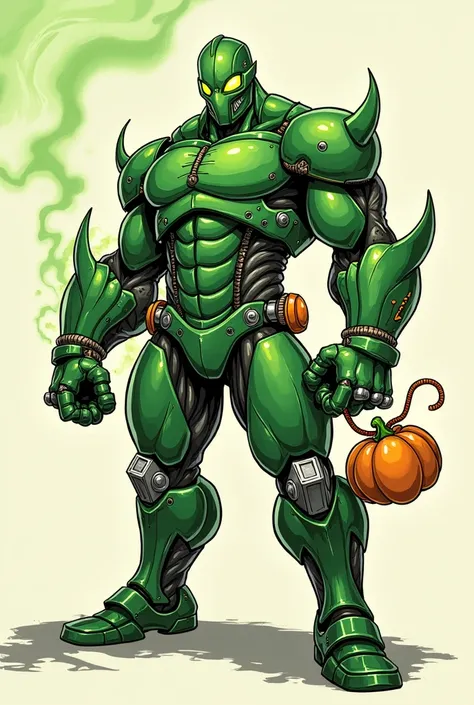 Green goblin cartoon image, marvel superhero, with pumpkin bom in hand,wearing green metal suit,green metal mask, standing straight forward