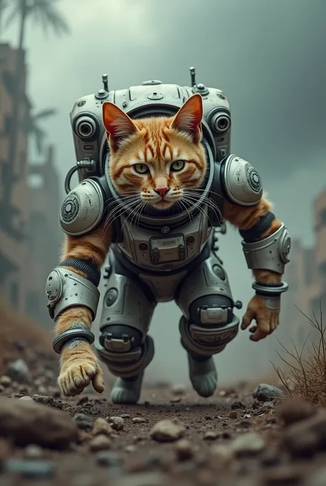 Photographic ultra-realistic　(((Quadrupedal)))　(((Crouching)))　Cat in a spacesuit　(((Crouching Style)))　((Punch to the ground))　Armageddon