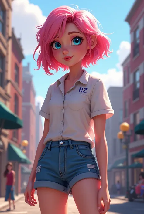 Alix Kubdel - Miraculous Ladybug with pink, short and wavy hair with small chest and blue eyes. She is on a city with a white shirt and denim shorts 