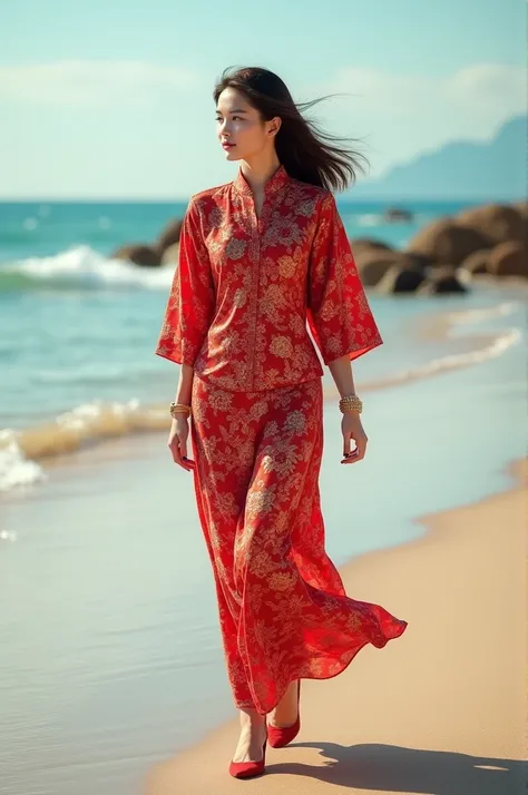 woman wearing a red kebaya wearing shoes with shoulder length hair is standing walking on the beach