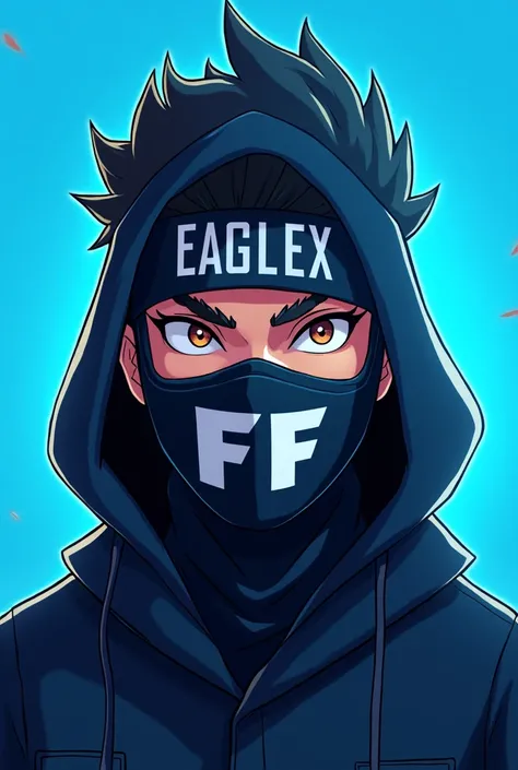 Free fire gaming logo man with mask ff on his blue background  make him as anime with size for YouTube channel profile pic on his mask write text eaglex 