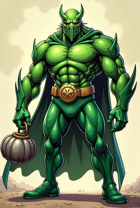 Green goblin cartoon image, marvel superhero, with small metal pumpkin bom in hand,wearing green metal suit,green japan yokai metal mask, standing straight forward