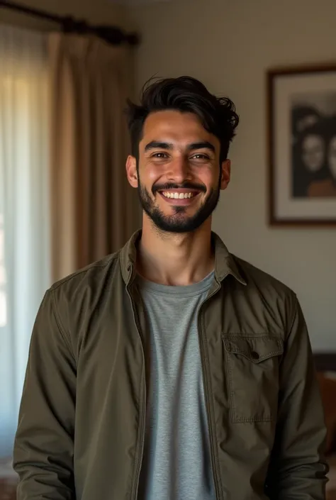 A young Muslim man smiling standing in his home with a picture in the background and the background being slightly blurred