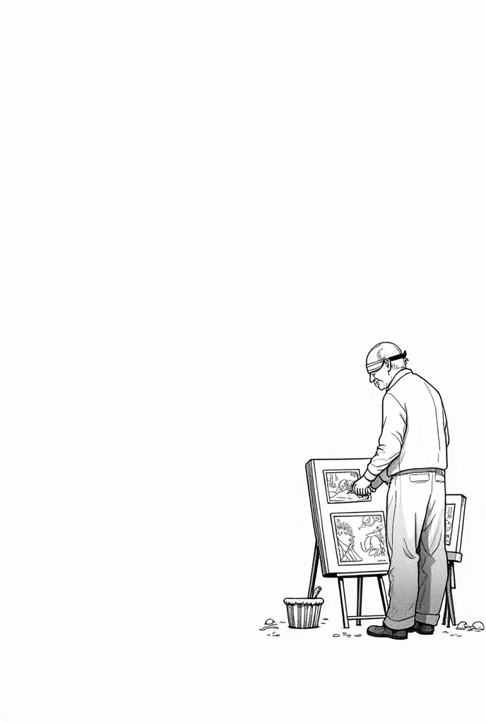 Create me a graphic novel, easy drawing style, black and white.
The first panel should be an image of an art shop with a lot paintings, the second panel should be the legs taping on the floor, the third panel should be an elderly man sitting on a chair at ...