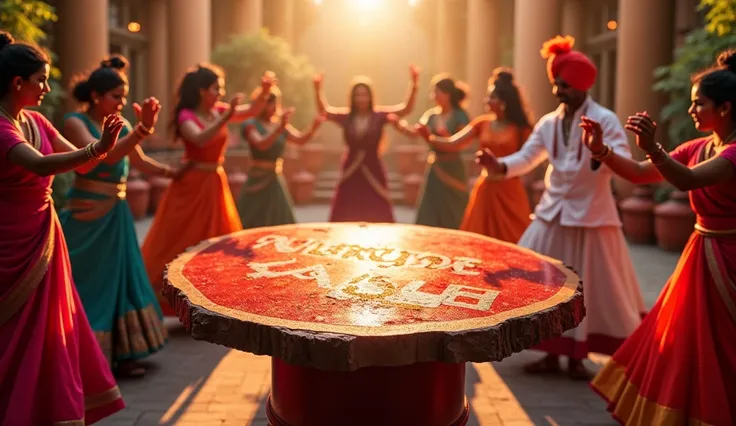 RED EPOXY SOLID WOOD  LIVE EDGE TABLE  CENTRE AND THE WORDNAVRATRI SALE WITH GIANT BIG FONT WITH GREDIENT EFFECT AT BACK WITH VISBLE TEXTURE ON THE TOP OF TABLE PEOPLE ARE DANCING IN CIRCULAR AROUND THE TABLE  In the background, the atmosphere is alive wit...