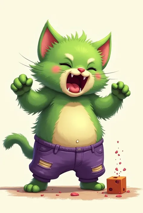 A small, chunky kitten in ripped purple pants, with green fur covering its body. Its tiny paws are clenched in fists, and it’s standing on hind legs, mid-roar, but the roar is more of a cute, kittenish squeak. The cat looks both angry and adorable, its flu...