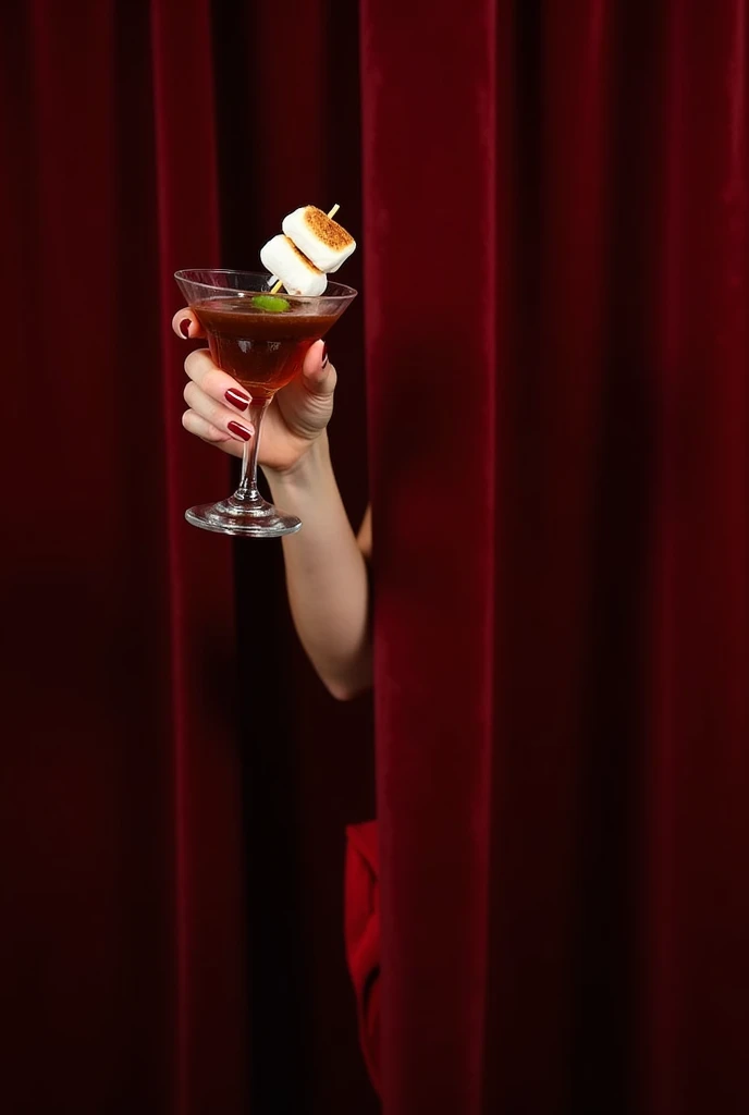 A woman&#39;s hand holds a cocktail with roasted marshmallows on a skewer from behind a red velvet curtain