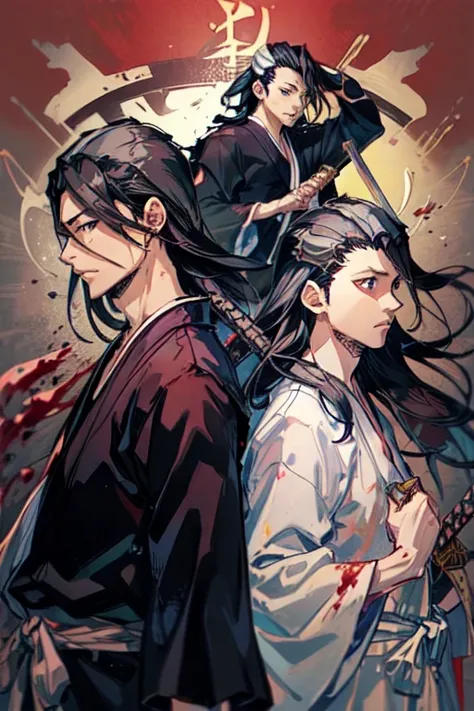 1 male, black hair, long hair, bloody background,  red background , wearing haori over yukata, wearing yukata, haori, holding a katana, katana, side view , 