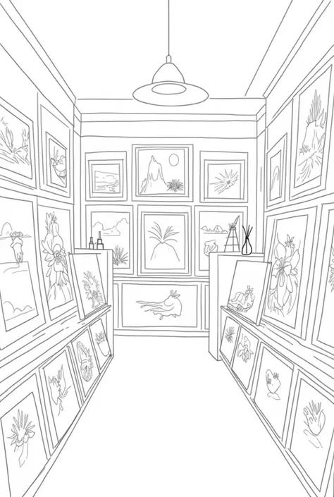 An easy drawing style, black and white.
The first panel should be an image of an art shop with a lot paintings.