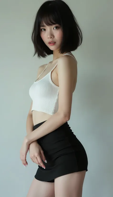 A (((full-body))) picture of an ethereally beautiful 1 girl. She has youthful japanese features and ((very pale white skin)). Her eyes are a striking brown, and she is wearing ((heavy black eye makeup)). She has a very slim body with long thin legs and lar...