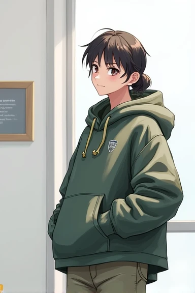 Please remove the jacket and replace it with a hoodie. Turn the picture in to an anime character