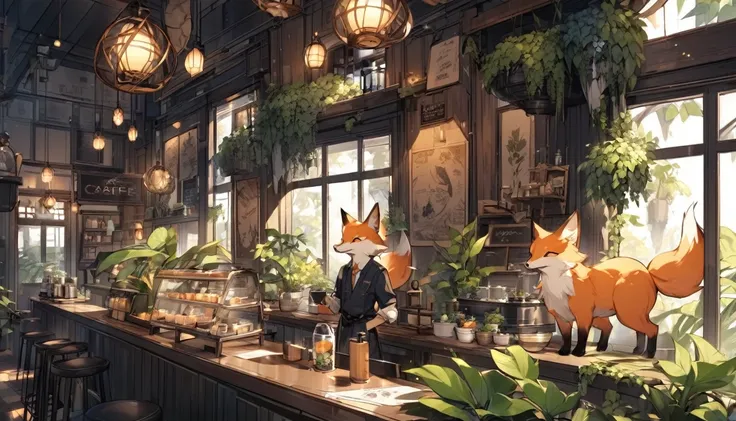 Fox that resemble humans in stories.The master of the café.One fox.Plants.