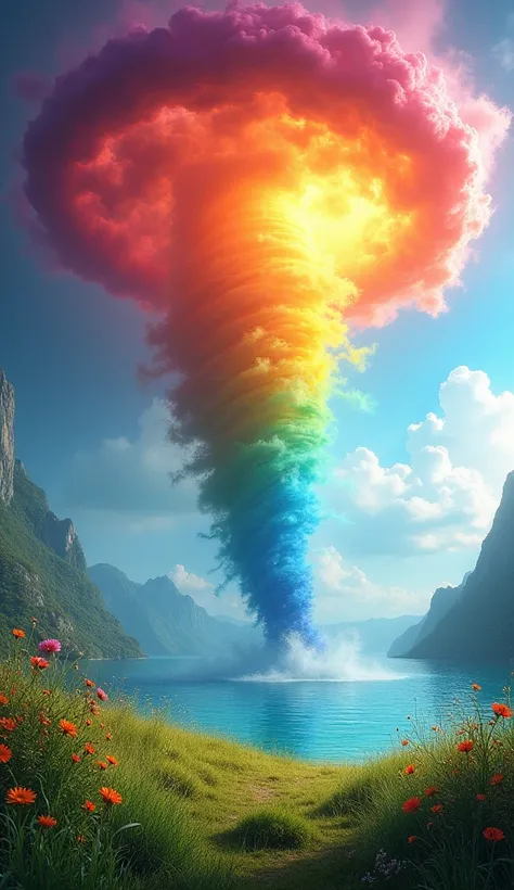 A mesmerizing, vibrant depiction of a rainbow-colored tornado swirling high above a picturesque landscape. The tornado, with hues of red, orange, yellow, blue, and purple, creates a dazzling spectacle against the backdrop of a serene sky. The ground below ...