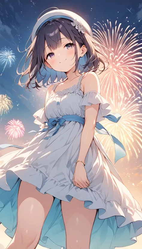 vector art、summer night sky、fireworks shining in the sky、narrowed eyes and happy expression、girl standing sideways、looking up、lo...