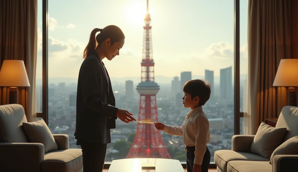 A hotel room with a view of Tokyo Tower, a woman giving money to a young Japanese man, the man is 2, the woman is 30 years old, live action, real photo, super high resolution.