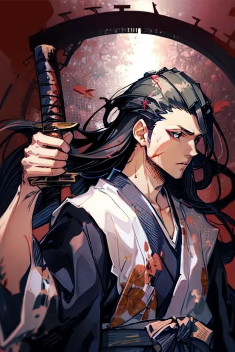  1 person, male, black hair, long hair, bloody background,  red background , wearing haori over yukata, wearing yukata, haori, holding a katana, katana, side view , 