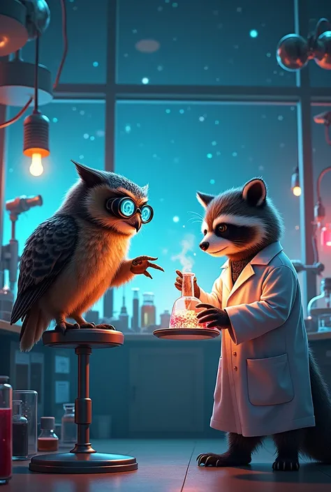 In a bustling, high-tech science laboratory, a curious owl and a mischievous raccoon are deeply engrossed in an experiment. The owl, perched on a metal stool, peers through a set of goggles, examining data displayed on a holographic screen. Meanwhile, the ...