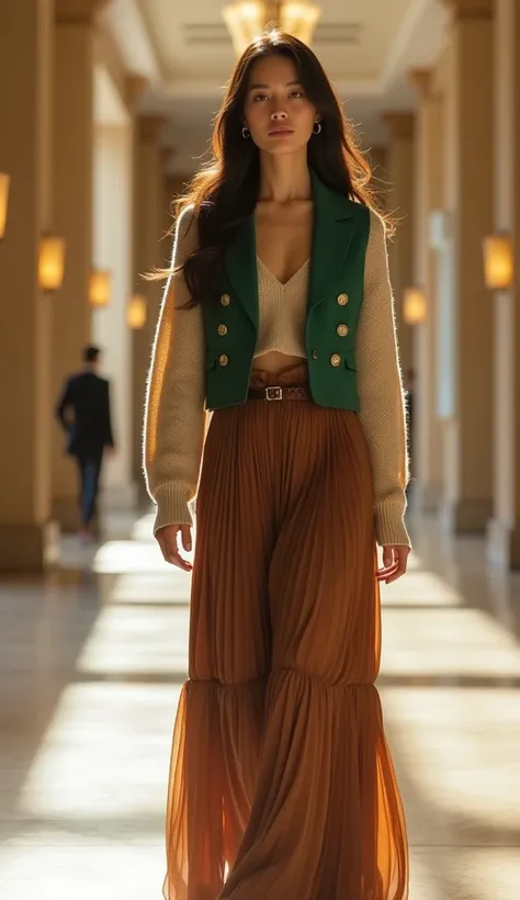 Female model walking in the lobby of a luxury building, beautiful face, balanced. Luxurious style, Asian lady. Long wavy hair. Wearing a beige sweater, green combination with metal pins. Long pleated skirt made of brown silk. Scene in the lobby of a luxury...