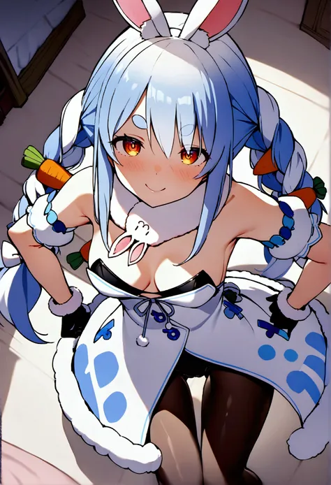NSFW,masterpiece,Best Quality,High resolution,Very detailed,One girl,,Usada Pekora(Hololive),Orange eyes、Thick eyebrows、Bunny ears、Two-tone hair、Blue Hair、White Hair、Long Hair、Twin Blade、Hair accessories、Fur collar、White Dress、Fur-trimmed dress、Exposed sho...