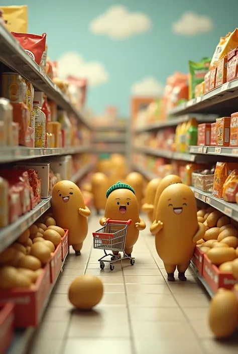 Many cute little potatoes are shopping in the super market in their moder potato world. Show the things and racks of the super market .
Make a landscape photography
