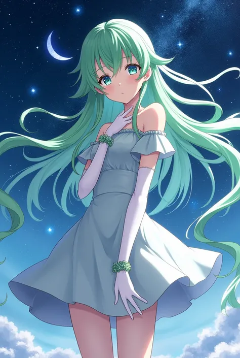 Green long hair anime girl，White Gloves，short skirt dress，Night sky