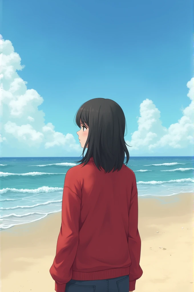 woman wearing a red sweater with shoulder length hair is standing at beach