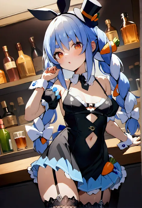 NSFW,masterpiece,Best Quality,High resolution,Very detailed,One girl,Usada Pekora(Hololive),Orange eyes、Thick eyebrows、False eyelashes、Black hair band、Blue Hair、Long Hair、mini top hat、Angled hat、- Detachable collar、short black tie、Black Dress、Short dress、S...