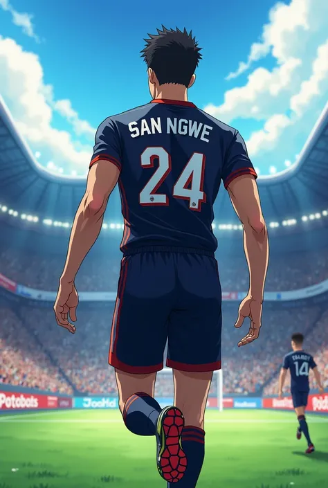 An anime footballer whos name is "San Ngwe" and his back number is 24 with light skin and handsome face showing his back in football stadium 