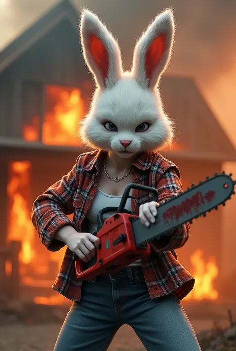 Create an image of a cute female, bunny, wearing a flannel shirt with a tank top underneath and blue jeans, She is holding a bloody chainsaw and yelling. there is a burning house in the background, white fur, no skin