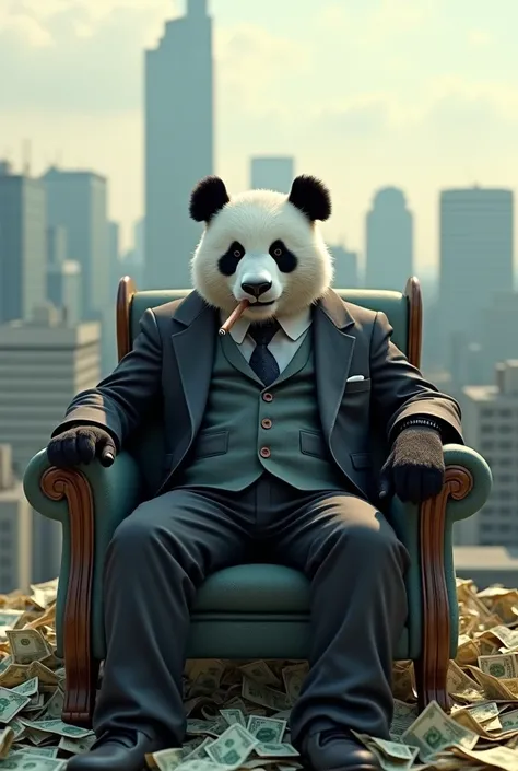 Panda wearing a suit，Smoking a cigar，A boss appearance，Sitting on a hill of dollars，Background high-rise buildings，Movie visual effects，C4D Model