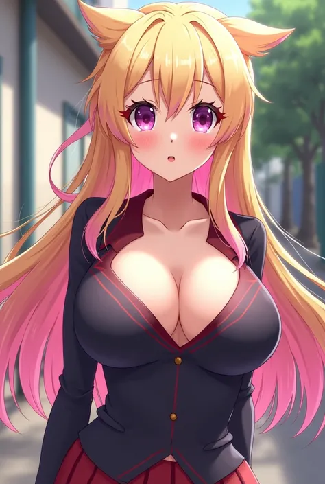 Blonde long hair, pink hair tips, big breasts, cleavage, cute girl, uniform, anime gal