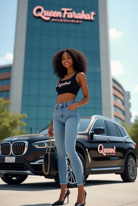 A beautiful  light skinned girl with black curly hair wearing black crop top, sky blue jeans and black heels with a text written on it that says Queen Farahat Accesories boldly written on it
She’s standing in front of a tall building her brand name is on i...