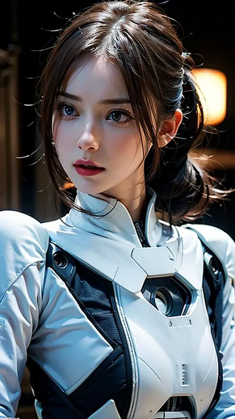 ((Beautiful:1.2)),masterpiece, Best Quality, ((Ultra-realistic:1.2)), Very detailed, 8k resolution, RAW Photos, Sharp focus, (One girl), Alone, Gorgeous face, Perfect body, Mature Woman, Age 25,  Portrait Mecha, White Armor,(( Nanosuit:1.4)), sexy, Disheve...