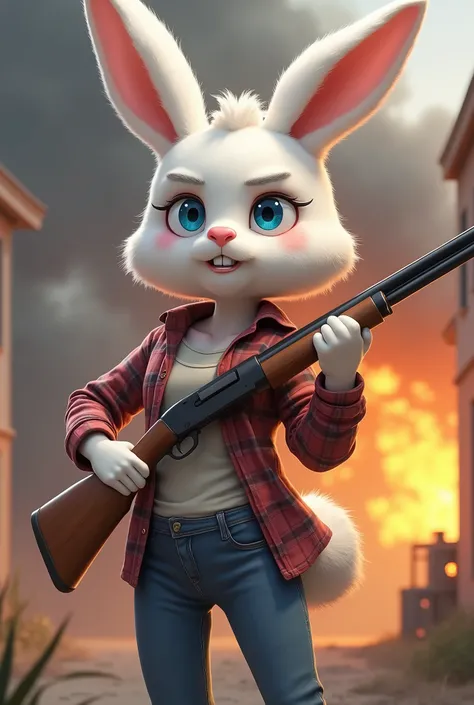 Create an image of a cute female, bunny, wearing a flannel shirt with a tank top underneath and blue jeans, She is holding a shotgun and has am experated look in her blue eyes. there is a burning house in the background, white fur, no skin