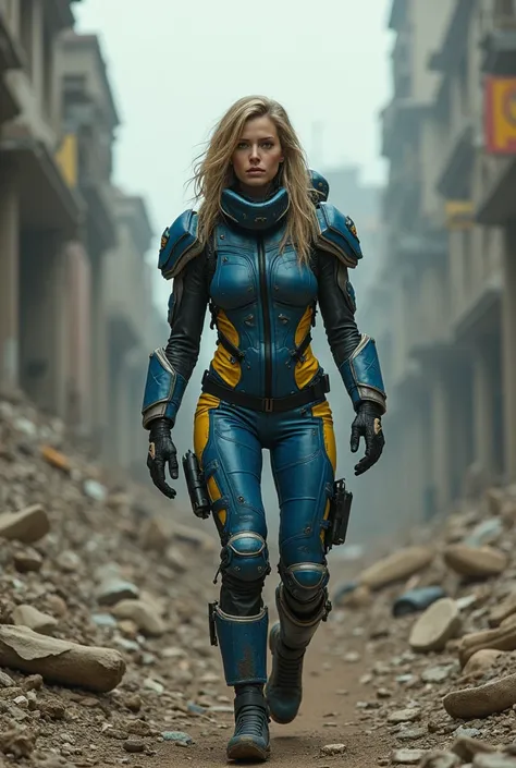 Woman in a post apocalyptic world wearing a blue and yellow suit 