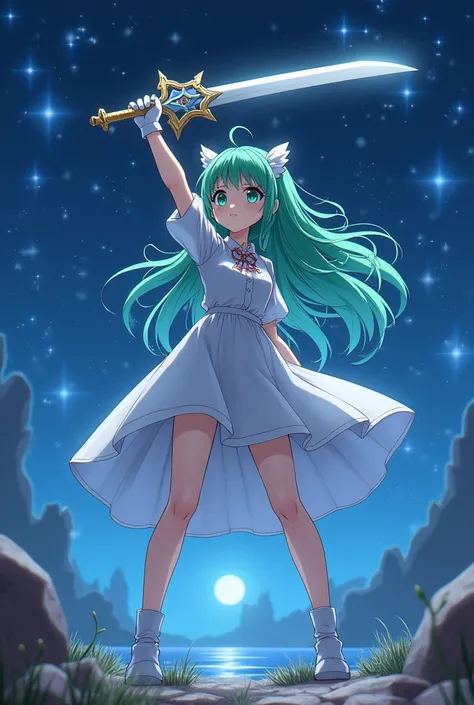 Green long hair anime girl，White Gloves，short skirt dress，Night sky，Magic Western Sword￼