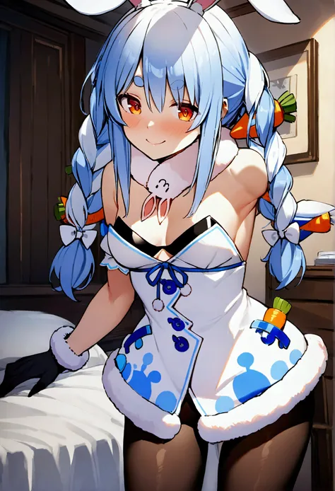 NSFW,masterpiece,Best Quality,High resolution,Very detailed,One girl,,Usada Pekora(Hololive),Orange eyes、Thick eyebrows、Bunny ears、Two-tone hair、Blue Hair、White Hair、Long Hair、Twin Blade、Hair accessories、Fur collar、White Dress、Fur-trimmed dress、Exposed sho...