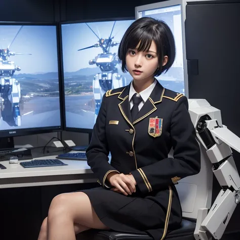 Absurd resolution, high resolution, (masterpiece: 1.4), hyper-detail, 1 young woman, short black hair, JK school uniform best dress, rich princess, sitting in an extremely narrow closed mecha control room, expression scared crying open mouth call (1.3), in...