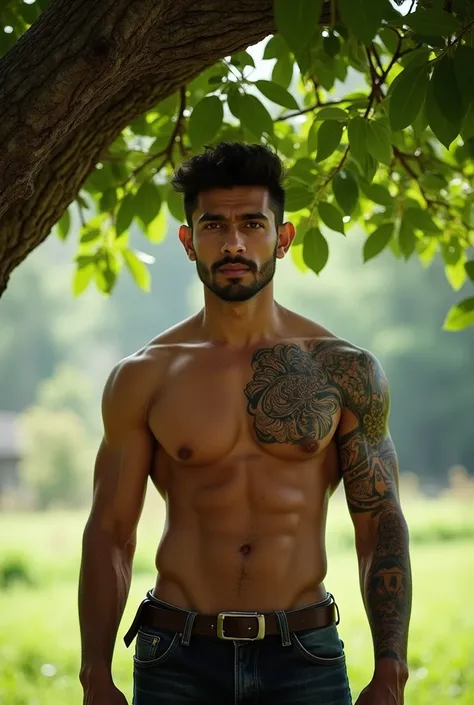 Nepali handsome body standing under a tree with tattoo on his one hand