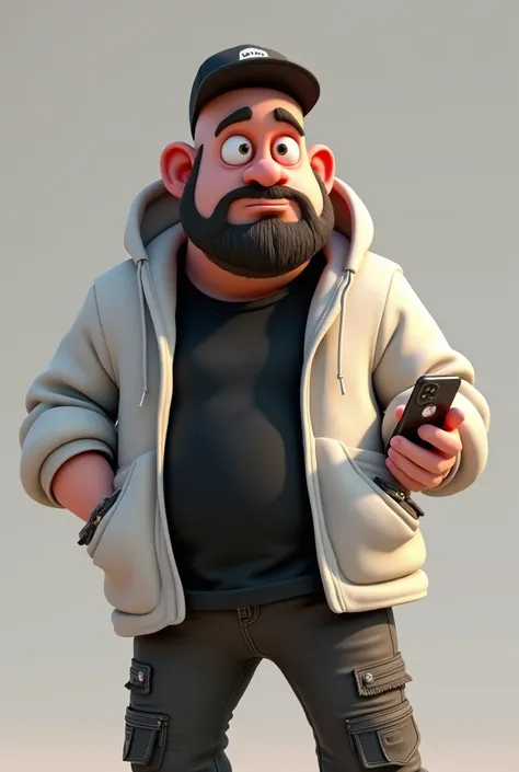 3D cartoon style, ((Pixar style)) humorous and exaggerated depiction, close-up of a man, sad small beard, black t-shirt, white hoodie on, hip-hop style, dynamic, overside, disbelief, meme, funny, hyper detailed, high resolution, 3d style, senior 3d renderi...