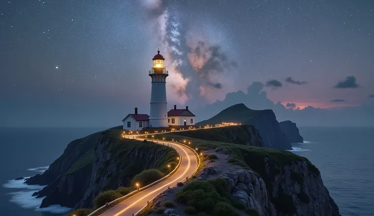 light house with perfect harmony with milky galaxy. light house is on mountan wiht sea on background and road is illuminated with lights. magical colored galxy. high resolution masterpiece.