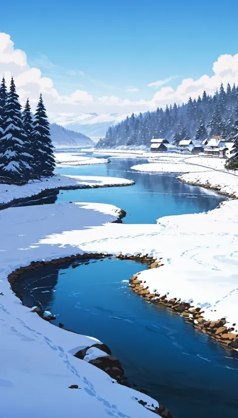 Lofi Winter Landscapes ,studio ghibli style ,  river