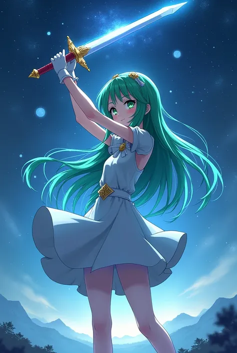 Green long hair anime girl，White Gloves，short skirt dress，Night sky，Magic Western Sword￼