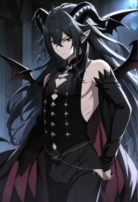 1boy, black hair, long hair, black eyes, prince demon boy, goat horns, demon boy, black demon wings, demon prince, demon clothes, CG