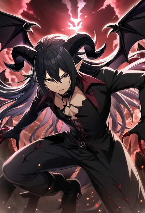 1boy, black hair, long hair, black eyes, prince demon boy, goat horns, demon boy, black demon wings, demon prince, demon clothes, CG