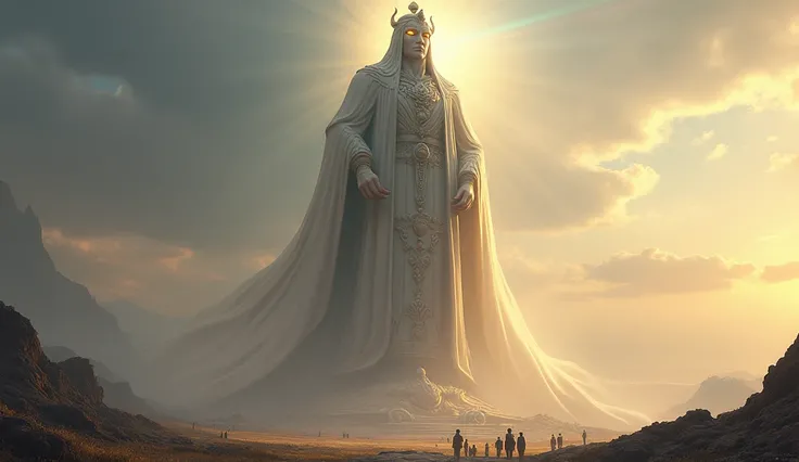 Create a half statue of Lord Shifa, towering in a vast, open landscape, with immense size and majesty. The statue should depict Lord Shifa in a serene yet powerful pose, with intricate carvings, glowing eyes, and divine symbols on the body. The base of the...