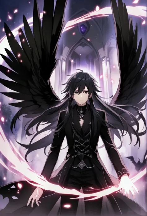 1boy, black hair, long hair, black eyes, fallen angel, fallen angel boy, black fallen angel wings, CG