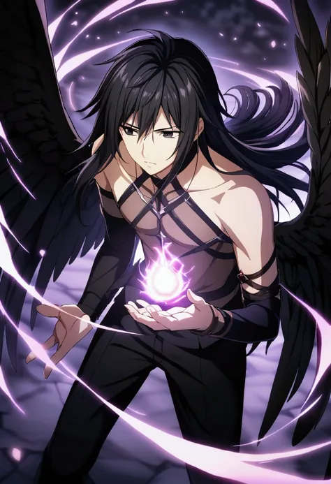 1boy, black hair, long hair, black eyes, fallen angel, fallen angel boy, black fallen angel wings, CG