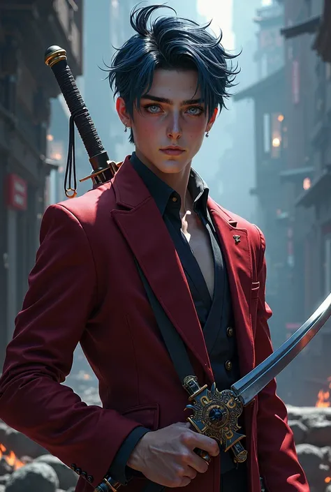 a one guy, with blue and black hair, wine red suit, a sword with a thin blade, Dragon Eyes, black sharp nails, idol face, asian digital relastic art style,