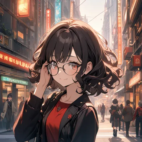 1 young girl, red and black clothes, short hair, wavy hair, glasses, light smile, Face palm, in the background a bright night city, High Quality 
